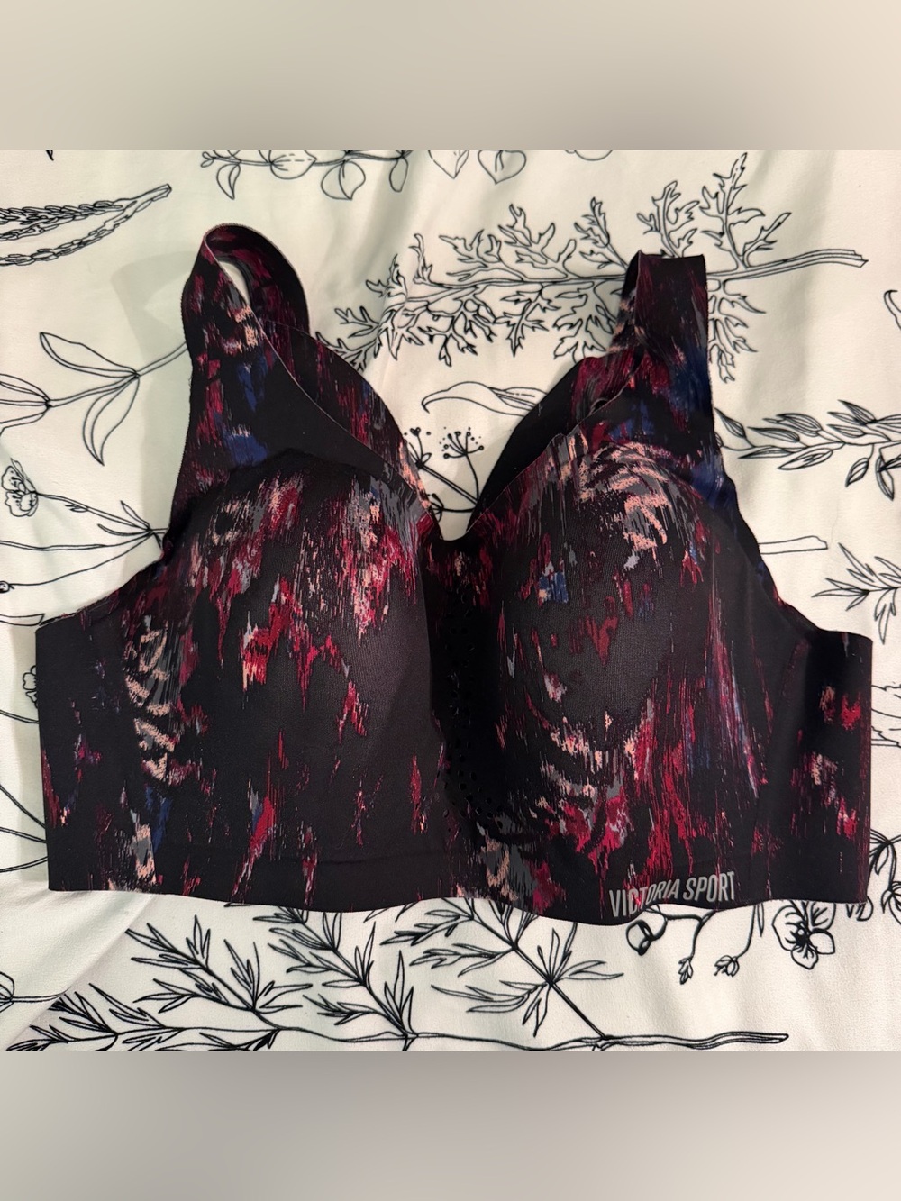 Victoria Sport Printed High-Support Sports Bra in Black with Pink & Blue Accents